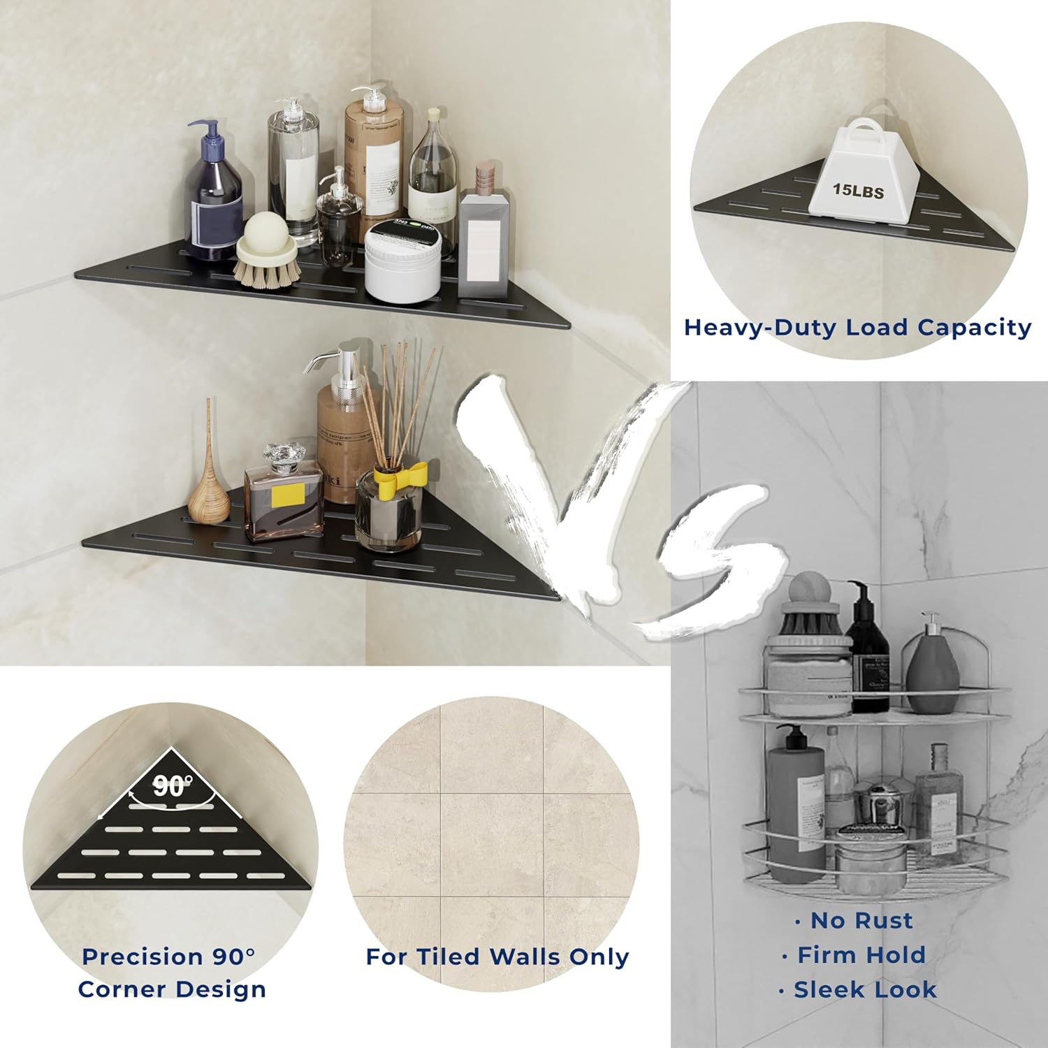 Corner Shower Caddy Shelf, Recessed Built-in Bathroom Storage for Tiled 90° Walls, Matte Black 304 Stainless Steel, Set of 2