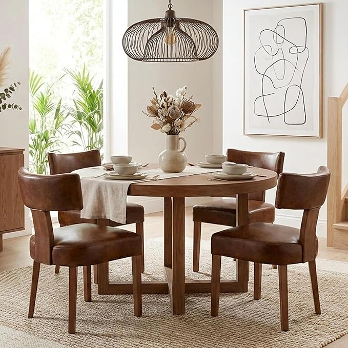 HNY Century Modern Dining Chairs Set of 4, Farmhouse PU Leather Upholstered Accent Chair Curved Backrest Kitchen Chairs, with Hardwood Frame, Brown 4PC