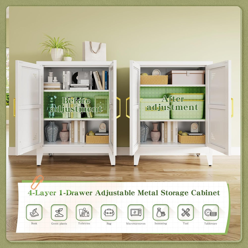 Short Storage Cabinet with 2 Doors and Adjustable Shelves, Metal Pantry Cabin...
