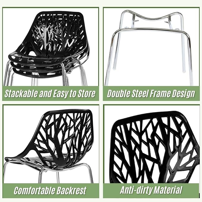 Karl home Modern Black Dining Chairs Set of 4, Stackable Plastic Chair for Dining Room, Living Room, Waiting Room,4 Chrome Metal Legs, 350lbs Capacity,21.3”L x 21.3”W x 33.5" H