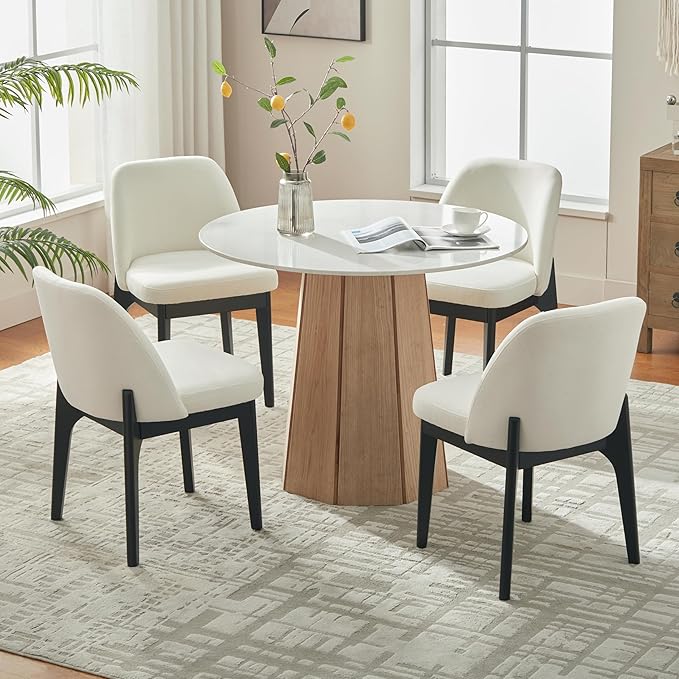 VKNOW Wooden Dining Chairs Set of 4, Upholstered Dining Room Chairs with Rubberwood Legs and Padded Seats, Kitchen Chairs for Restaurant Kitchen Living Room, Ivory
