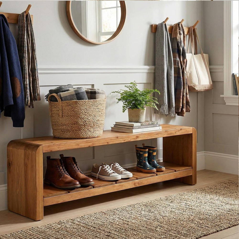 Solid Wood Entryway Bench with Shoe Storage, 59.06-Inch Long Shoe Bench with ...