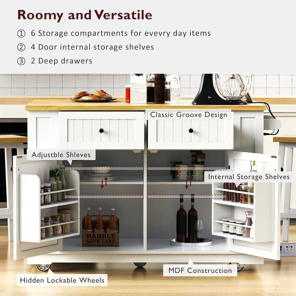 48" Kitchen Island with Drop Leaf, Power Outlet and Wheels | Drop Leaf E...