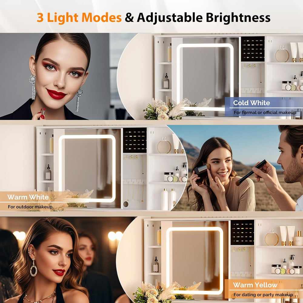 VINGLI Vanity Desk with Sliding Mirror and Lights, Glass Top Makeup Vanity Ta...