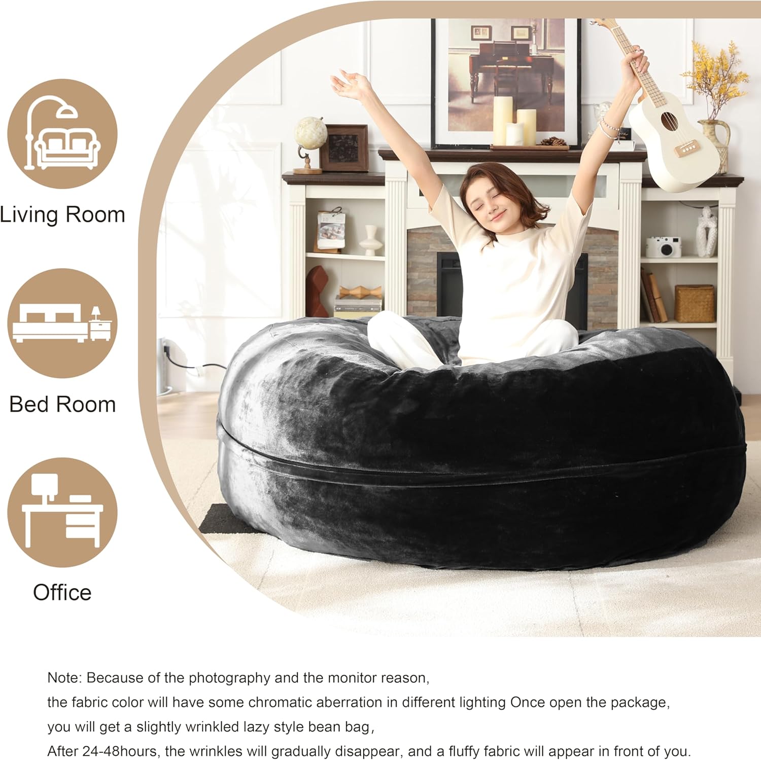 Bean Bag Chair for Adults Soft Comfy Bean Bag for Adults, Cozy Reading Chair, Large Round Bean Bag Couch, Versatile Living Room & Bedroom Chairs (Black, 5FT)