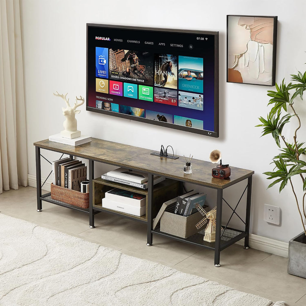 VECELO TV Stand with Power Outlets for 70 Inch Industria Media Entertainment Center with Charging Station, 3-Tier Open Shelves & Metal Frame for Living Room, Bedroom, 63 Inch, Brown