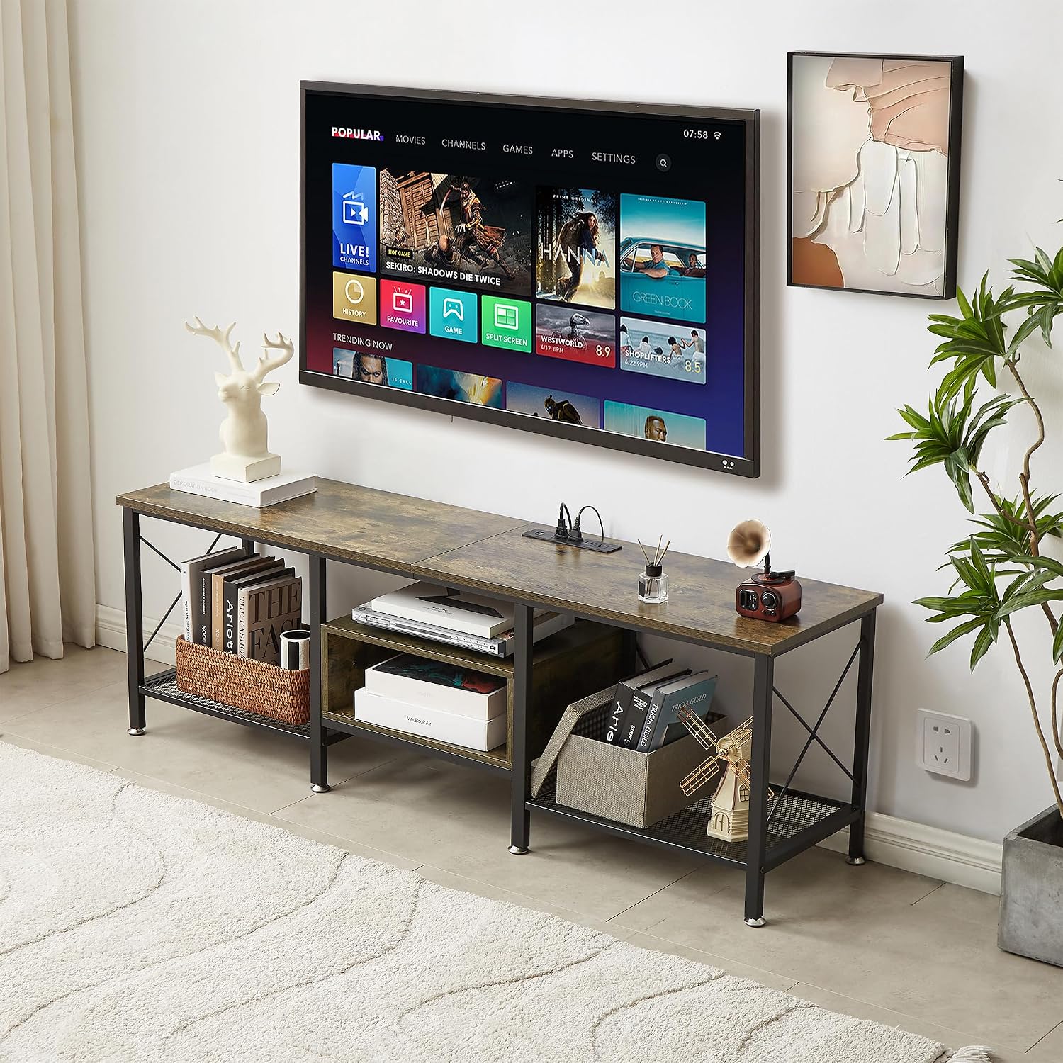 VECELO TV Stand with Power Outlets for 70 Inch Industria Media Entertainment Center with Charging Station, 3-Tier Open Shelves & Metal Frame for Living Room, Bedroom, 63 Inch, Brown