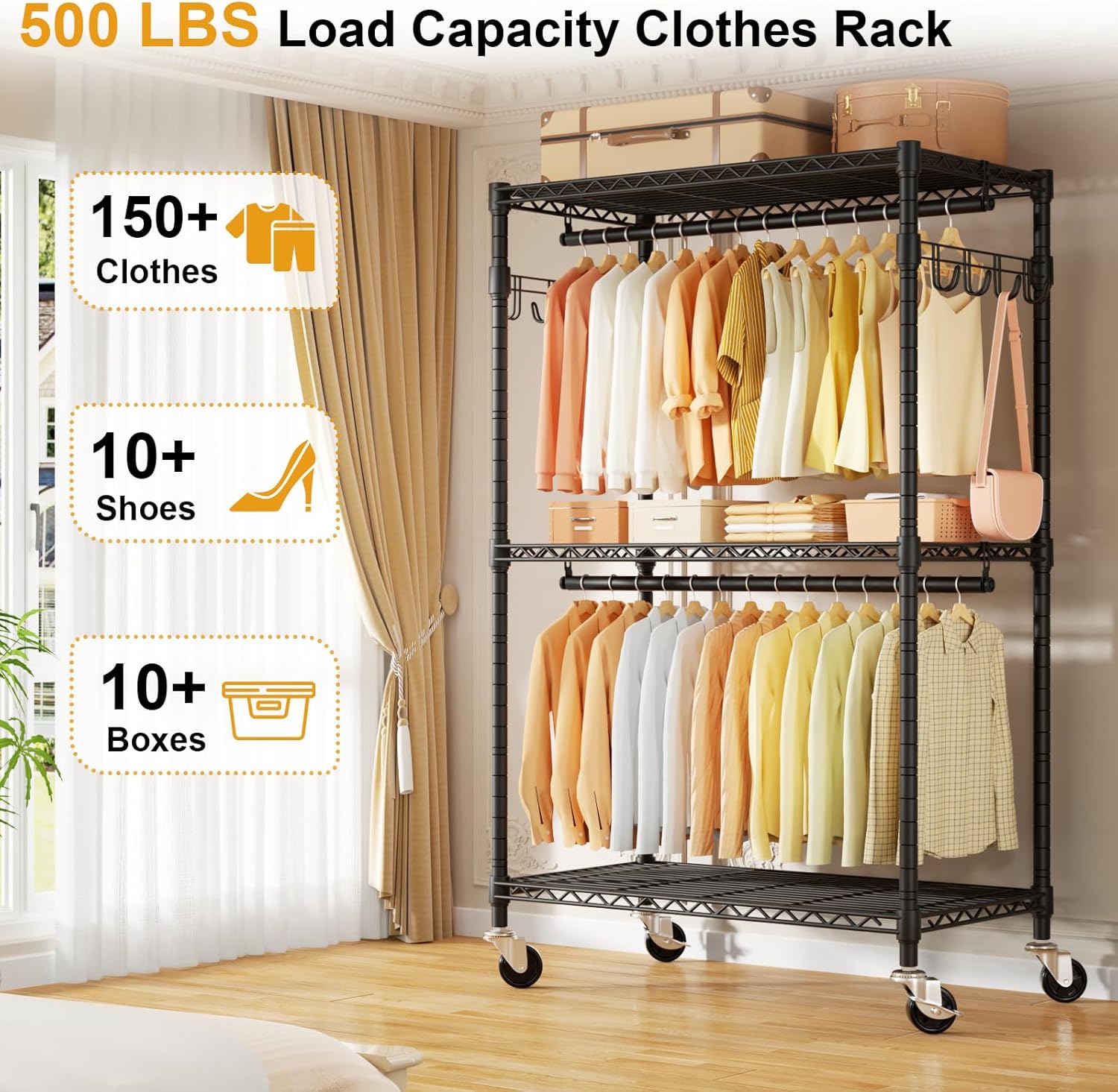 P1 Rolling Clothes Rack, Portable Wardrobe Closet with Wheels, Heavy-Duty Closet Clothing Rack for Hanging Clothes, 35.5" W x 15.7" D x 80.5" H, Hold 500lbs, Black