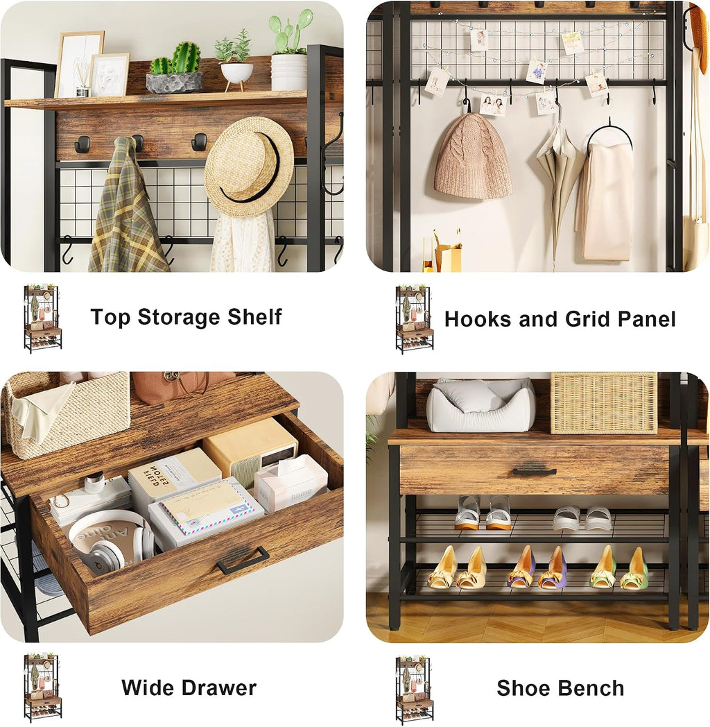 DKLGG Hall Tree with Bench and Shoe Storage for Entryway, 5-in-1 Coat Rack with Shoe Storage, Wood Look Accent Shoe and Coat Rack, Farmhouse Hall Tree with 12 Hooks for Mudroom, Bedroom, Living Room