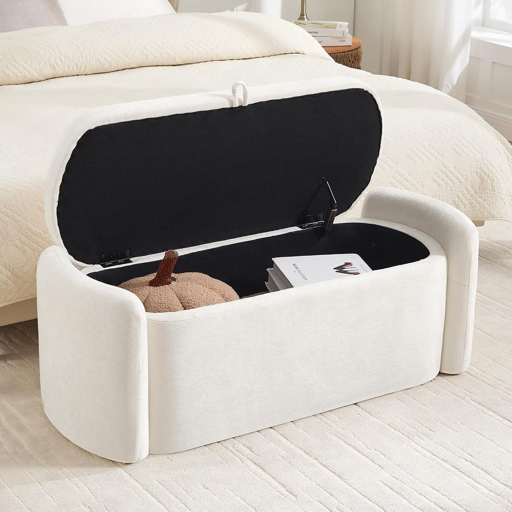Oval Storage Ottoman Bench, 45" Upholstered Chenille End of Bed Bench Ot...