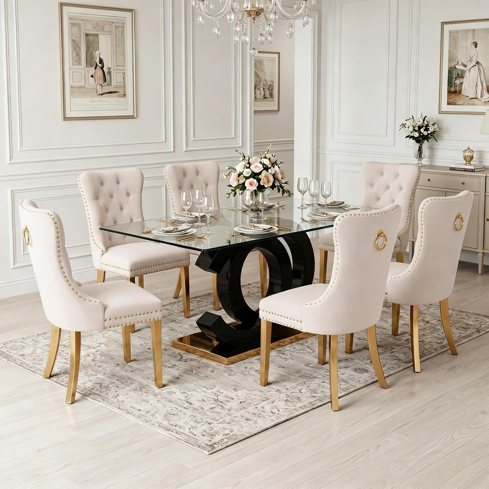 Glass Dining Table Set for 6,Modern Black Gold Dining Table Set,63" | Te...