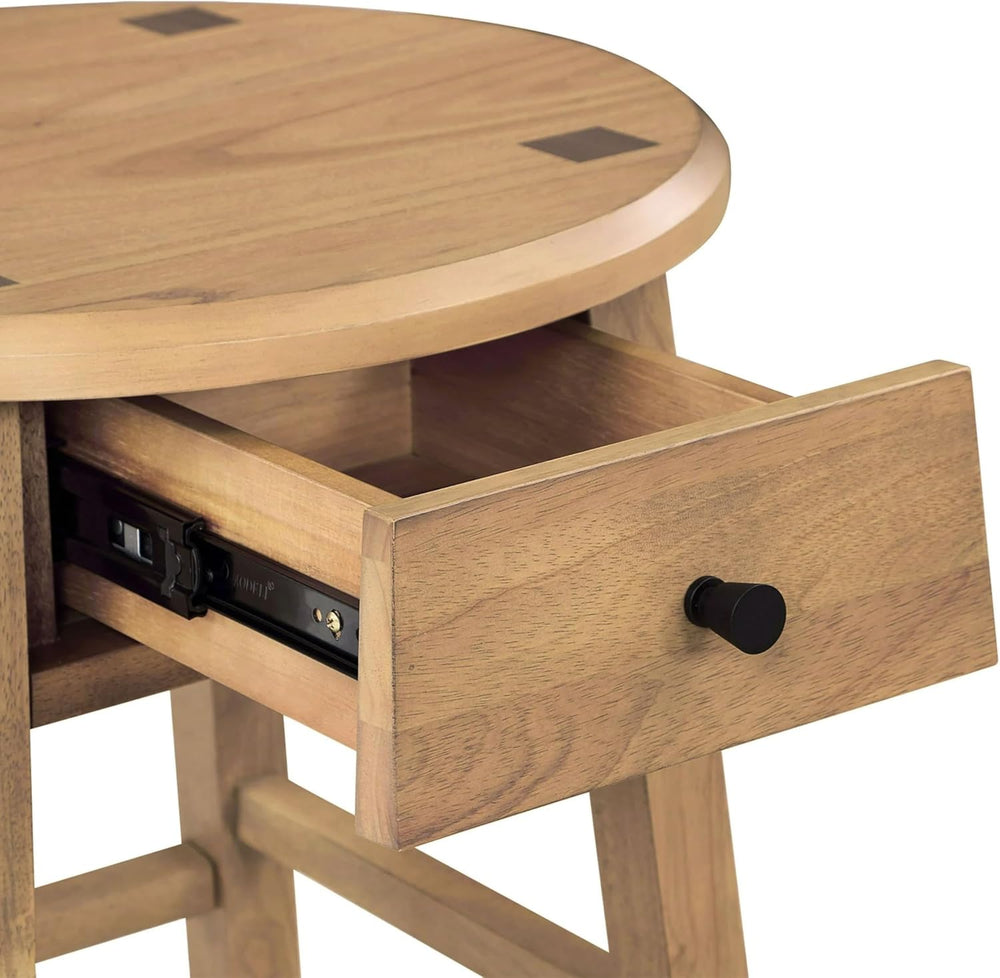Solid Rubberwood Round Side Table with Drawer, Natural Oak Painted Finish Sof...