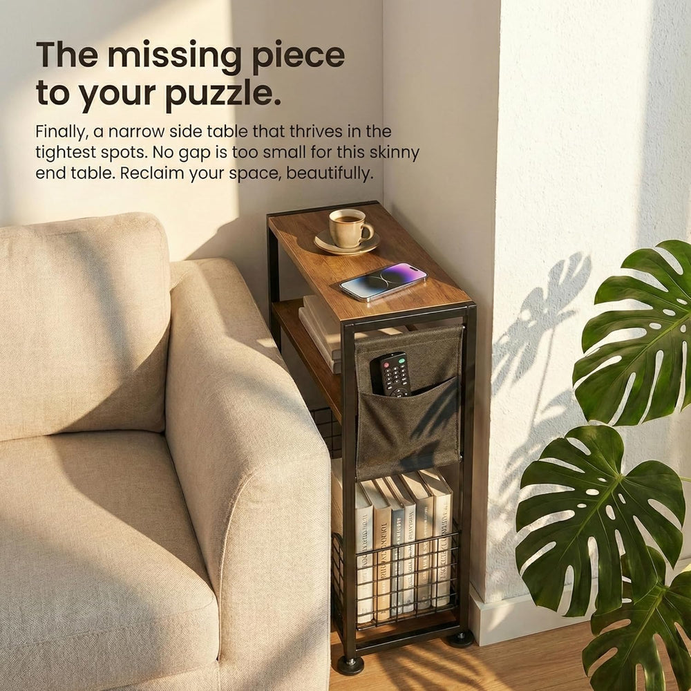 Skinny Side Table with Storage, 3 Tier Slim Side Tables for Small Spaces, Ski...