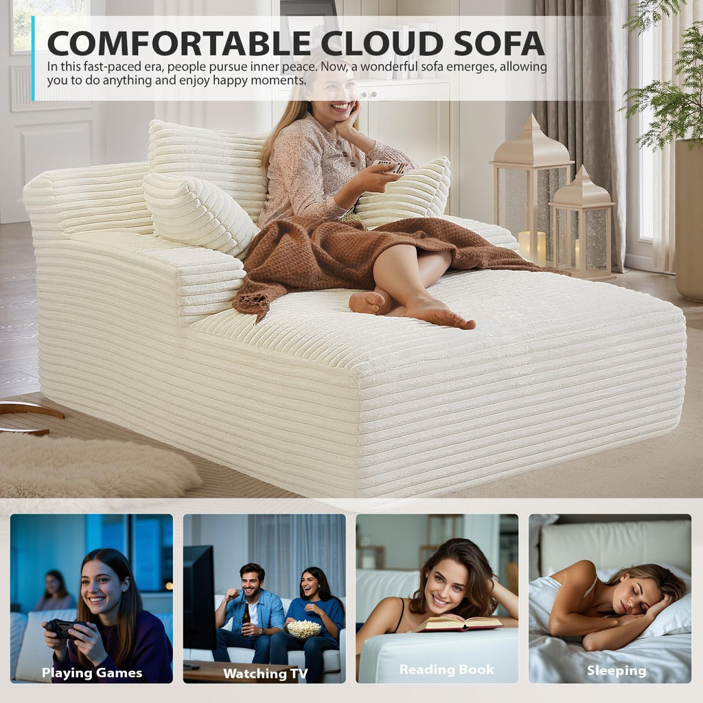 67 Inch Chaise Lounge Chair Indoor, Oversized Corduroy Upholstered Boneless Sofa Bed, Deep Seat Sleeper Couch Reading Chairs, Cloud Sofas Couches for Living Room, No Assembly Required (Beige)