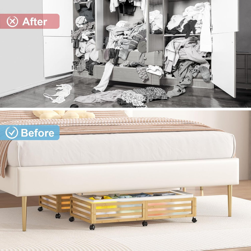 Under Bed Storage with Wheels-Large Bamboo Underbed storage Containers with Large Dust Bag Stackable Under the Bed Shoe Storage Bins for Clothes Books Bedding (2 Packs Nature, 33.07"L×16.54"W× 6.5"H)