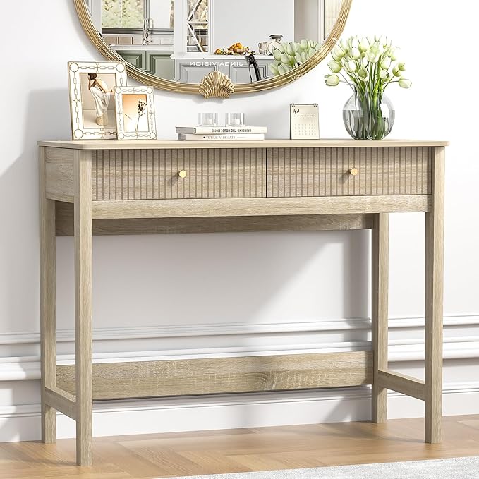 Fluted Writing Desk with Drawers, Makeup Vanity Desk for Bedroom, 40 Inch Home Office Computer Desk with Storage Drawers, Small Console Table