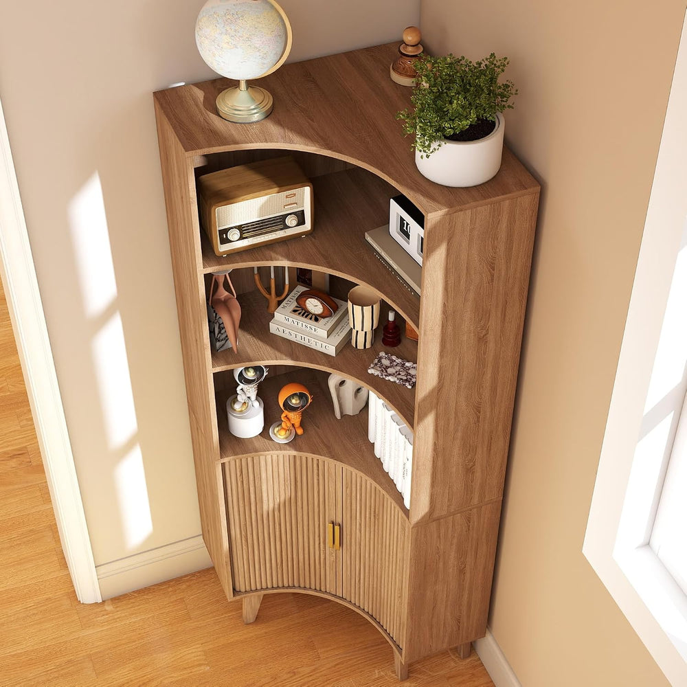 Tall Fluted Corner Cabinet with Sliding Doors,Storage Cabinet,corner shelf