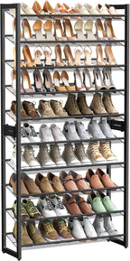 SONGMICS Shoe Rack, 10-Tier Shoe Organizer, Metal Rack for Garage, Set of 2, 5-Tier Stackable Shelf, with Adjustable Flat or Angled Shelves, 40-50 Pairs, Ink Black ULMR010B01