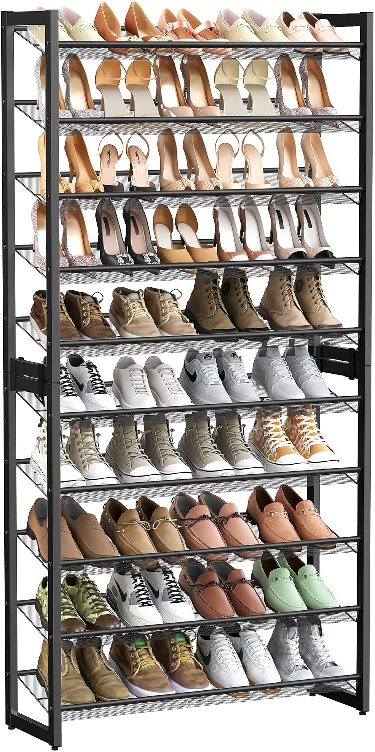 SONGMICS Shoe Rack, 10-Tier Shoe Organizer, Metal Rack for Garage, Set of 2, 5-Tier Stackable Shelf, with Adjustable Flat or Angled Shelves, 40-50 Pairs, Ink Black ULMR010B01