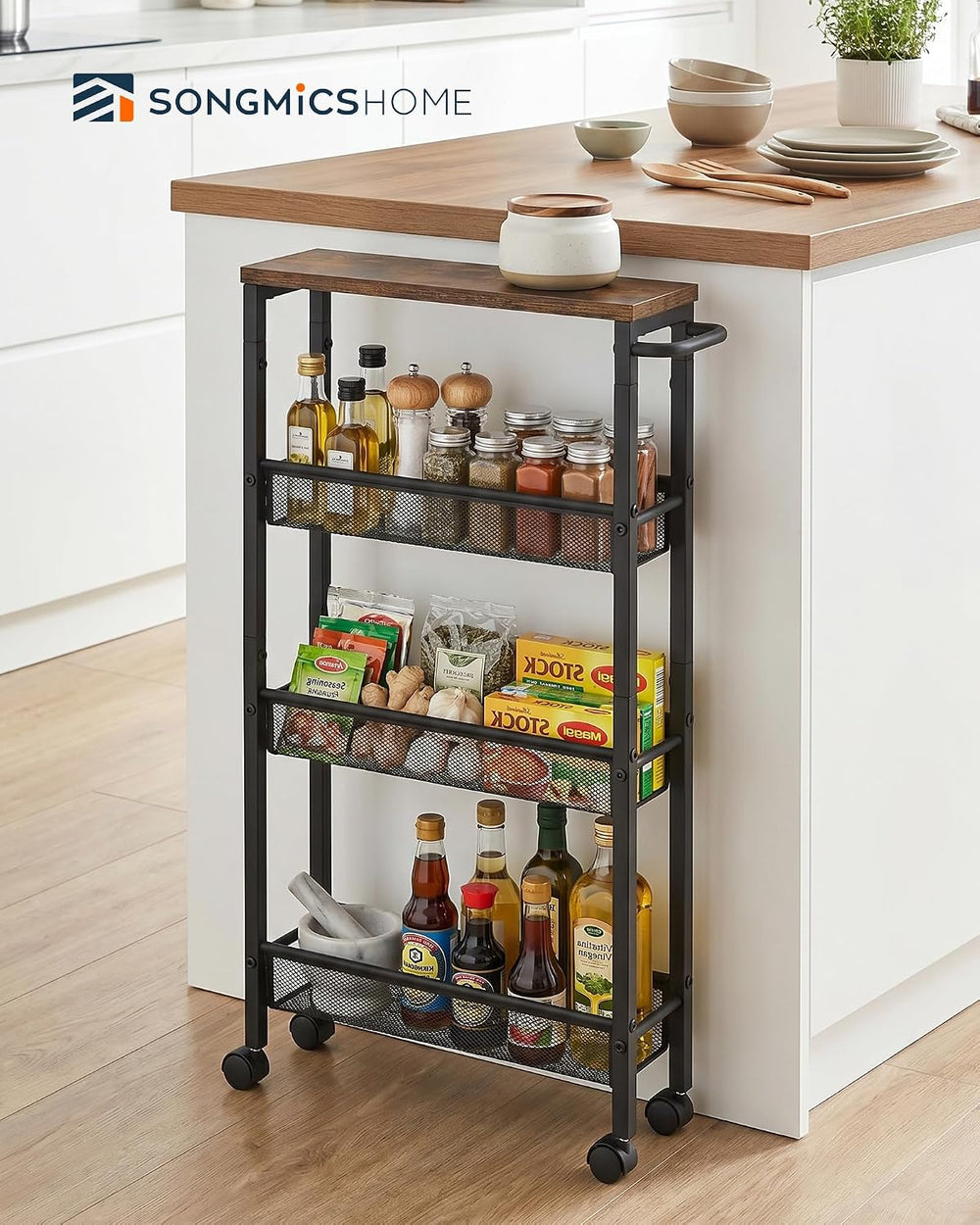 SONGMICS HOME Slim Rolling Cart, 4-Tier Storage Cart with Wheels and Handle, ...