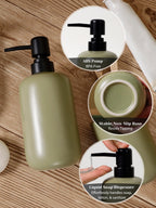 INGOFIN 3 Pcs Ceramic Bathroom Accessory Set - Liquid Soap Dispenser, Toothbrush Holder & Tray, Bathroom Counter Set, Countertop Essentials for Home, Guest Bathroom, or Office Use, Dark Green