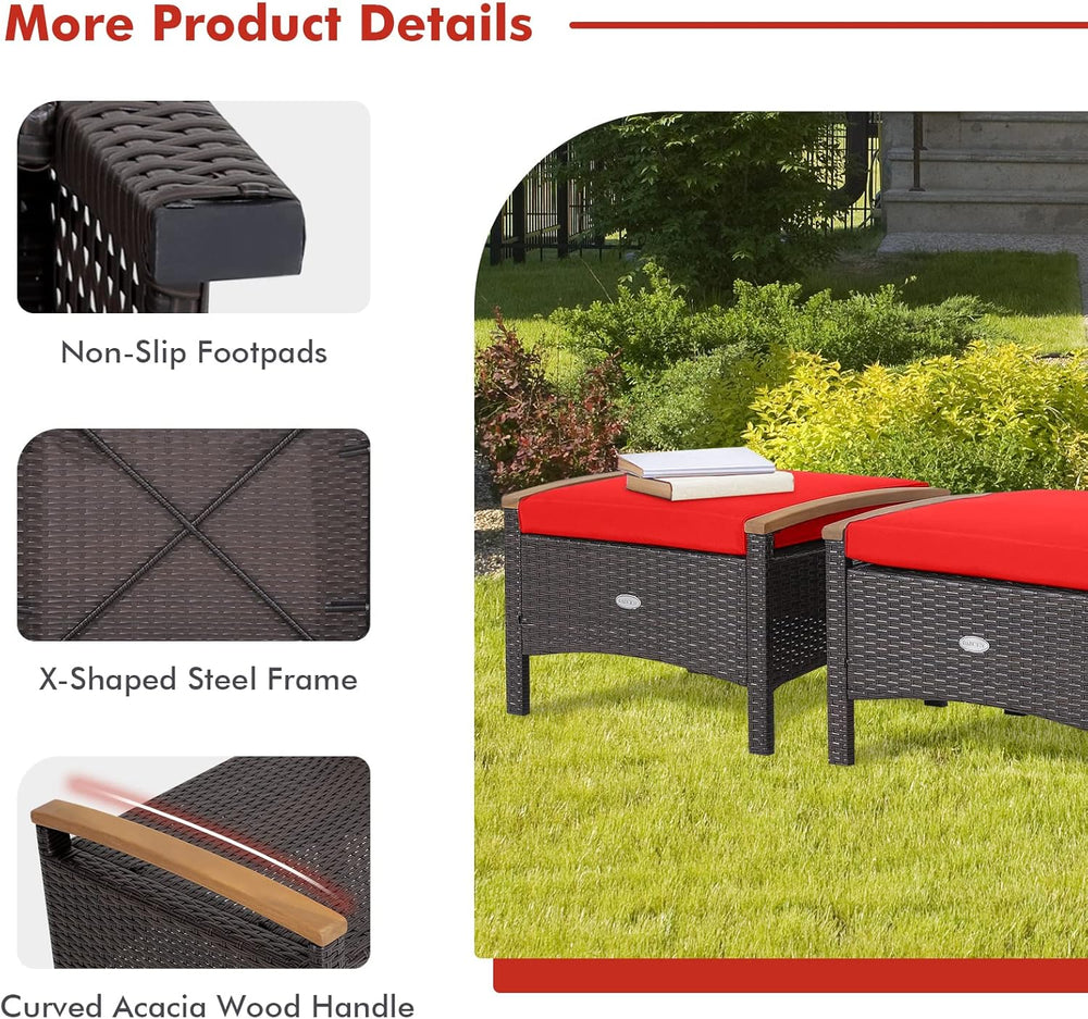 Tangkula 2 Piece Patio Rattan Ottomans, Outdoor Wicker Footstool w/Acacia Woo...
