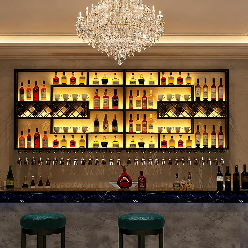118IN Large Wall Mounted Wine Rack with LED Light, Metal Floating Liquor Bott...