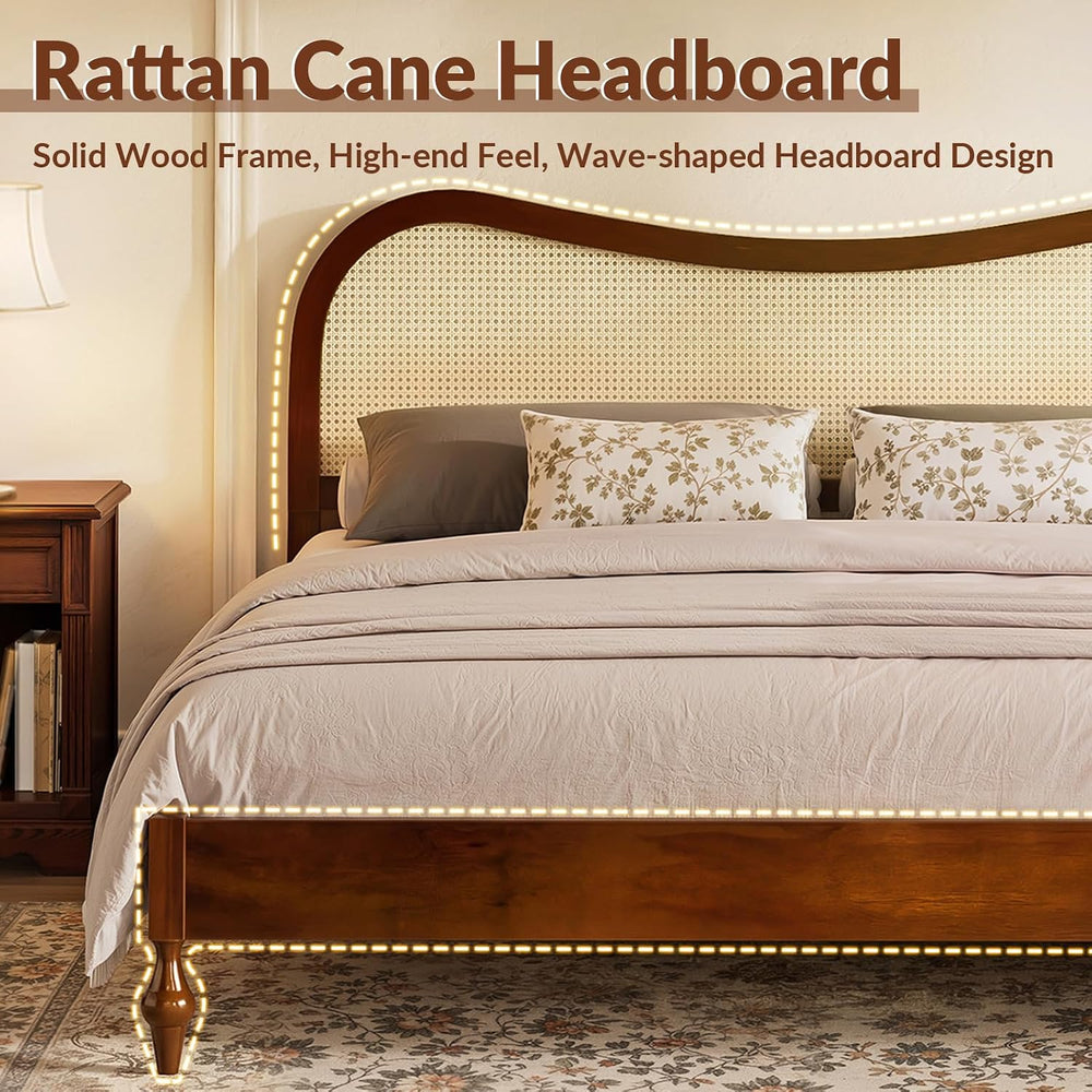 King Size Boho Platform Bed Frame with Curved Rattan Headboard