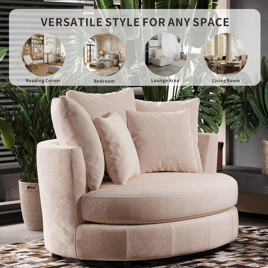 54.9''W Oversized Accent Barrel Chair, Upholstered Chenille Comfy Couch Sofa with 5 Pillows for Bedroom, Living Room, Apartment, Studio, Wheat.