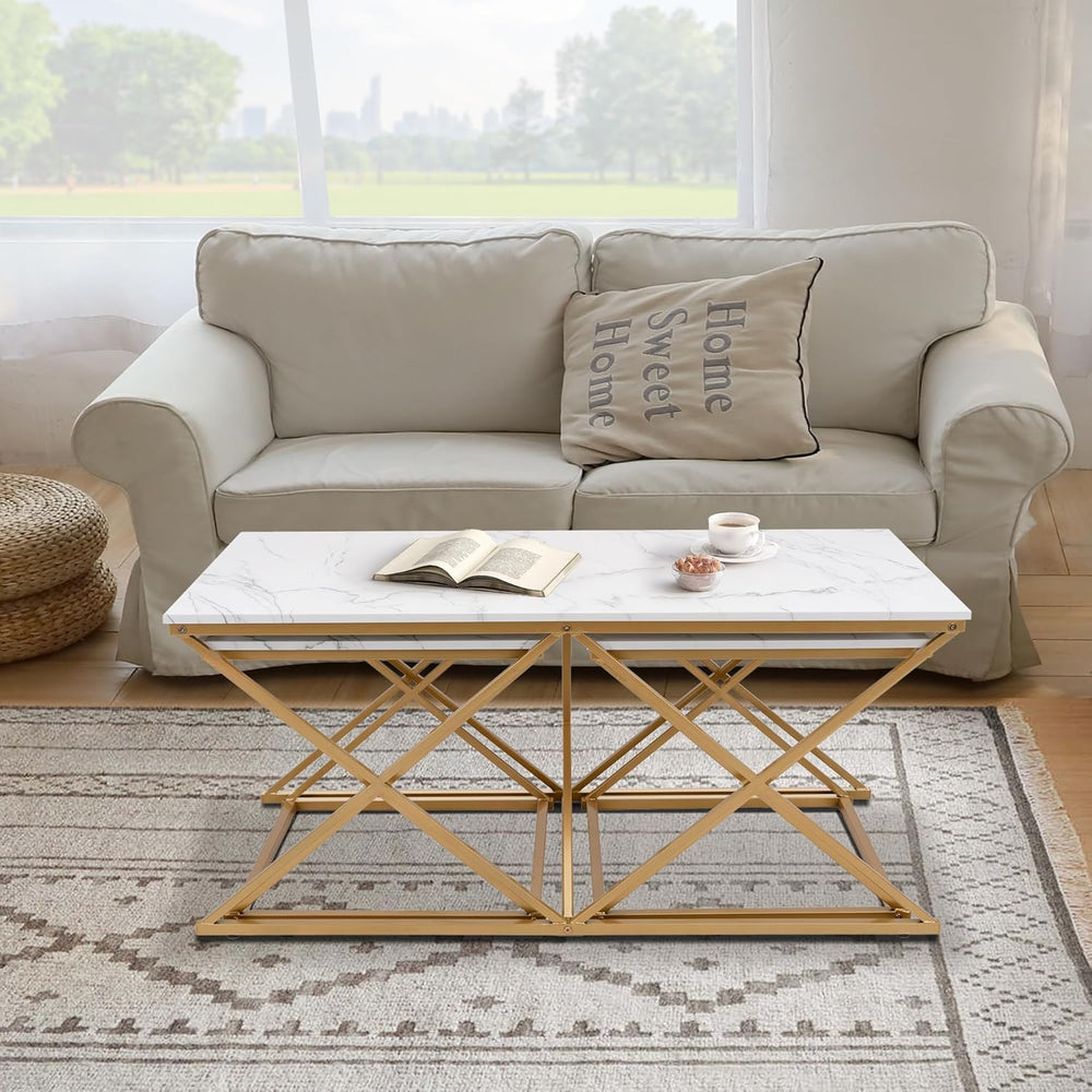 Modern Nesting Coffee Table Set of 3, Faux Marble Top with Golden Frame | Cof...