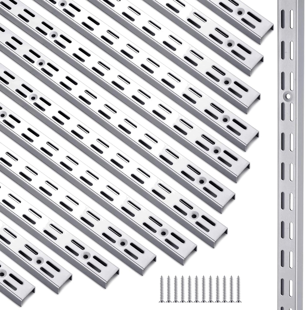 12 Pack 47 Inch Dual Track Upright Wall Shelving System Shelf Bracket Twin Slot Shelf Rail Twin Track Upright Heavy Duty Support System for Pantries, Linen Closets, Laundry Rooms (Silver)