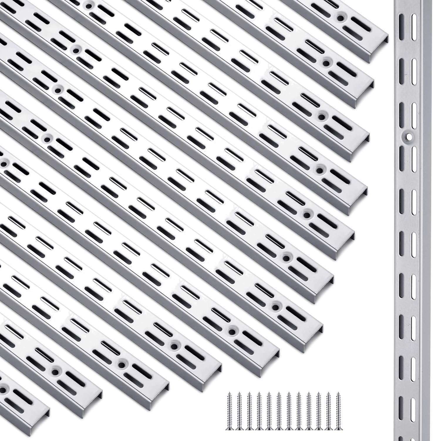 12 Pack 47 Inch Dual Track Upright Wall Shelving System Shelf Bracket Twin Slot Shelf Rail Twin Track Upright Heavy Duty Support System for Pantries, Linen Closets, Laundry Rooms (Silver)
