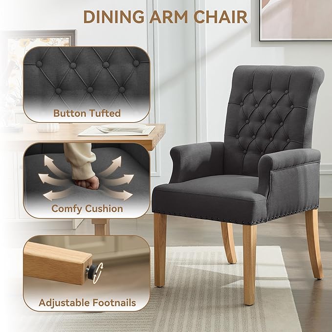 Fabric Dining Chair with Arms, Upholstered Tufted High Back Dining Room Chair...