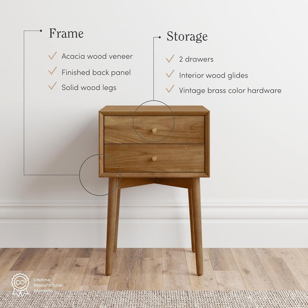 Nathan James 32704 Harper Mid-Century Oak Wood Nightstand with 2-Drawers, Sma...