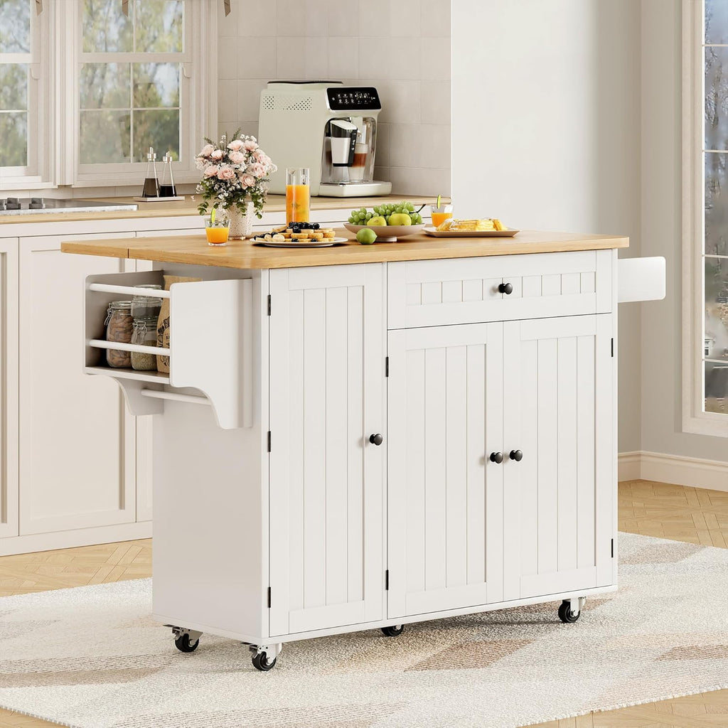 GRUSIGN Kitchen Island with Storage, 41.7" Rolling Cart with Drop Leaf, Portable Island Table on Wheels, Spice Rack, Towel Rack and Drawer, White, 41.7" L x 29.5" W