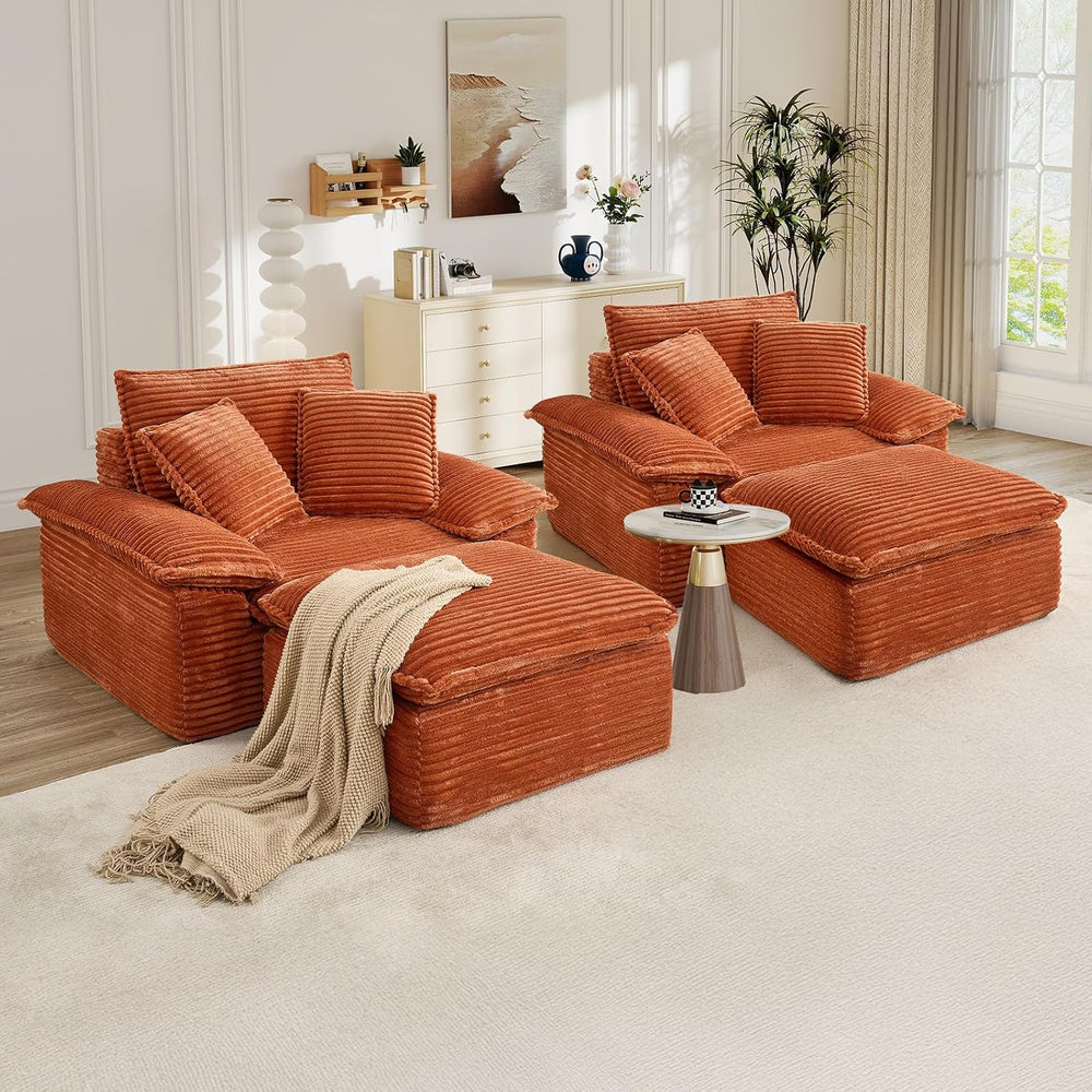 Oversized Chaise Lounge Chair Indoor with Ottoman, Upholstered Corduroy Moder...