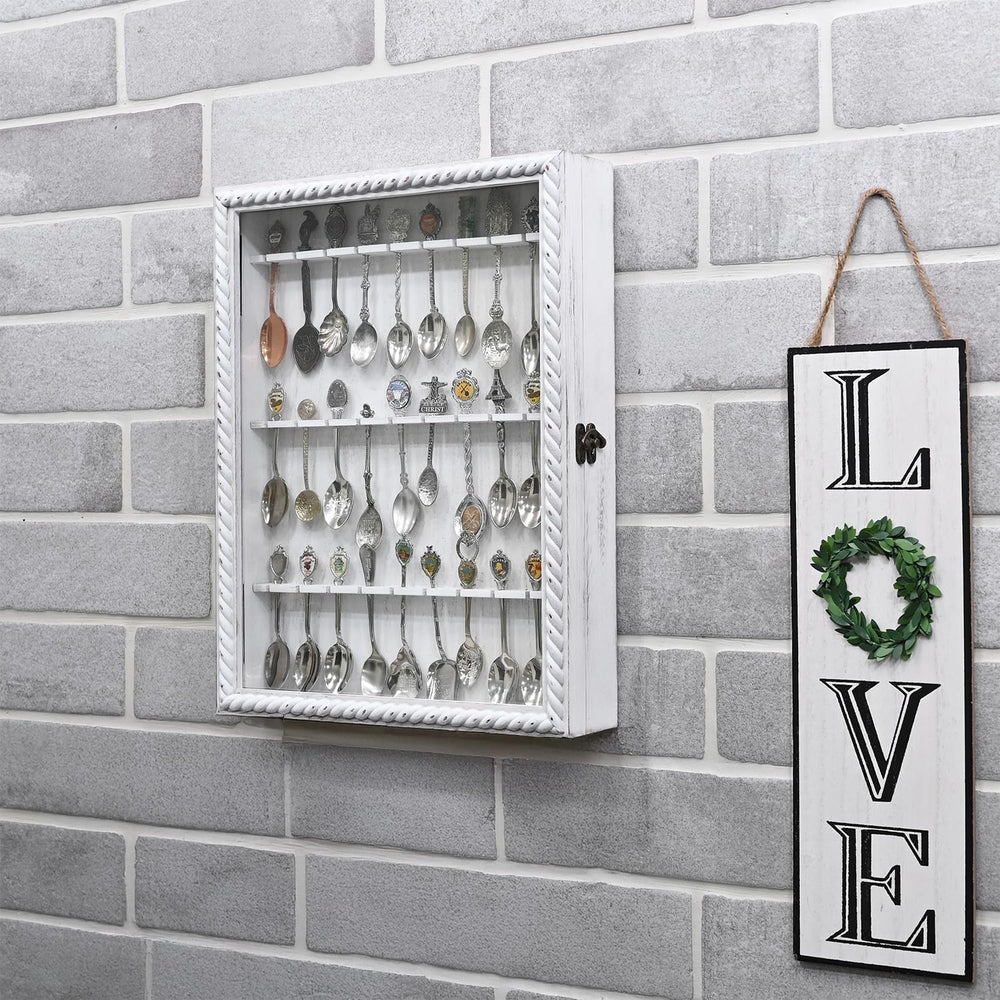 Ikee Design Wooden 30-Souvenir Spoon Display Case Cabinet, Wall-Mounted Tea S...
