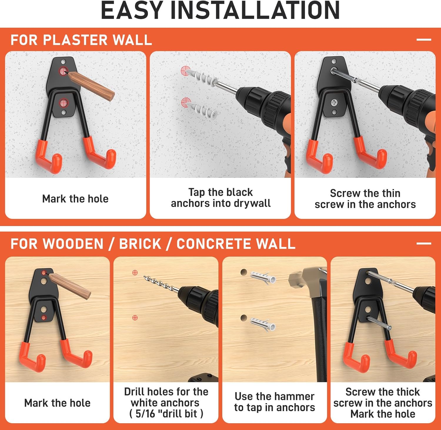 Garage Hooks with Anti-Slip Coating,Heavy Duty Wall Mount Storage Hooks for Hanging Bike,Hose,Ladder,Yard,Garden Tools (30 Pack Orange)