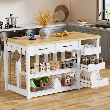 PAKASEPT 55'' Farmhouse Kitchen Island with Storage,Island Table with Movable Shelves,Charging Station,Drawers,Hook,Buffet Sideboard Cabinet for Kitchen Dining Room,White