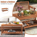 Tangkula Wood Outdoor Coffee Table, 2-Tier Patio Coffee Table with Slatted Hardwood Tabletop & Storage Shelf, Rectangle Wood Table for Deck, Garden, Balcony, Indoor or Outdoor Use (Natural)