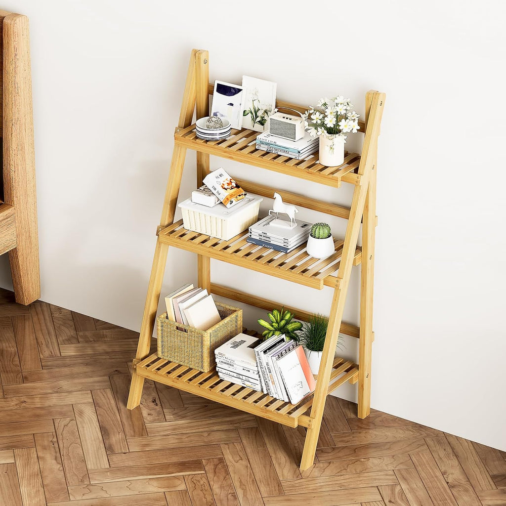 Foldable Ladder Shelf 39.4", Plant Shelf 3 Tier, Bamboo Ladder Flower Pot Display Shelf, Freestanding Ladder Bookshelf for Living Room, Balcony, Yard, Garden, 23.6"W x 15"D x 39.4"H, Natural