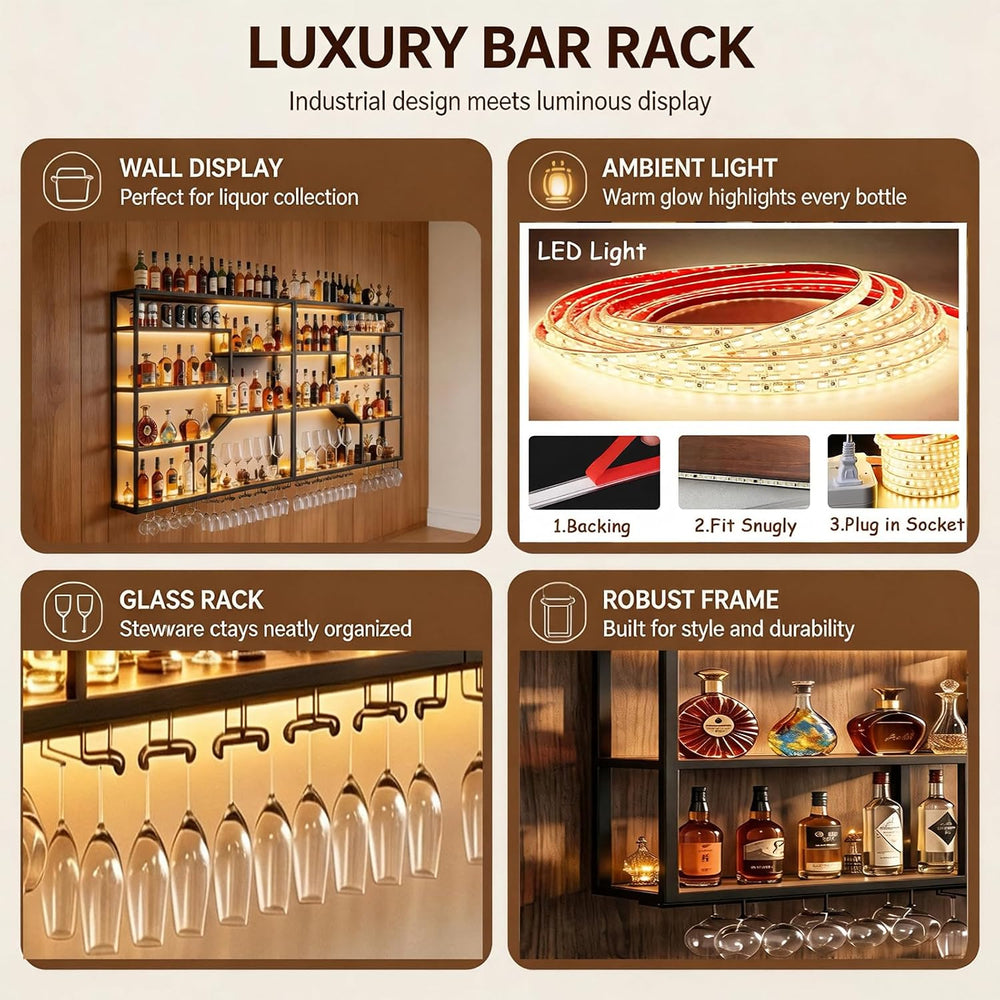 78.7IN Wall Wine Rack with LED, Industrial Iron & Walnut | Iron & wal...