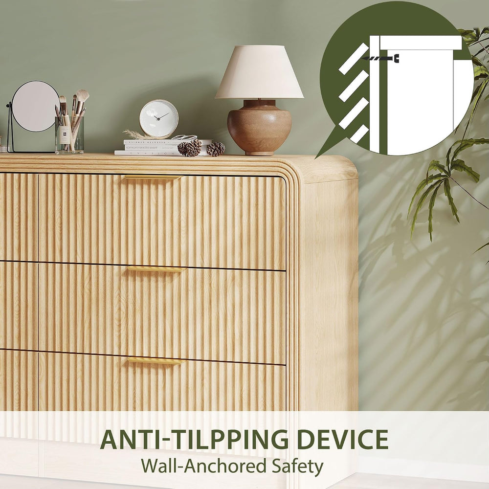 Decofy 55" W Fluted 6-Drawer Dresser for Bedroom,Natural Oak