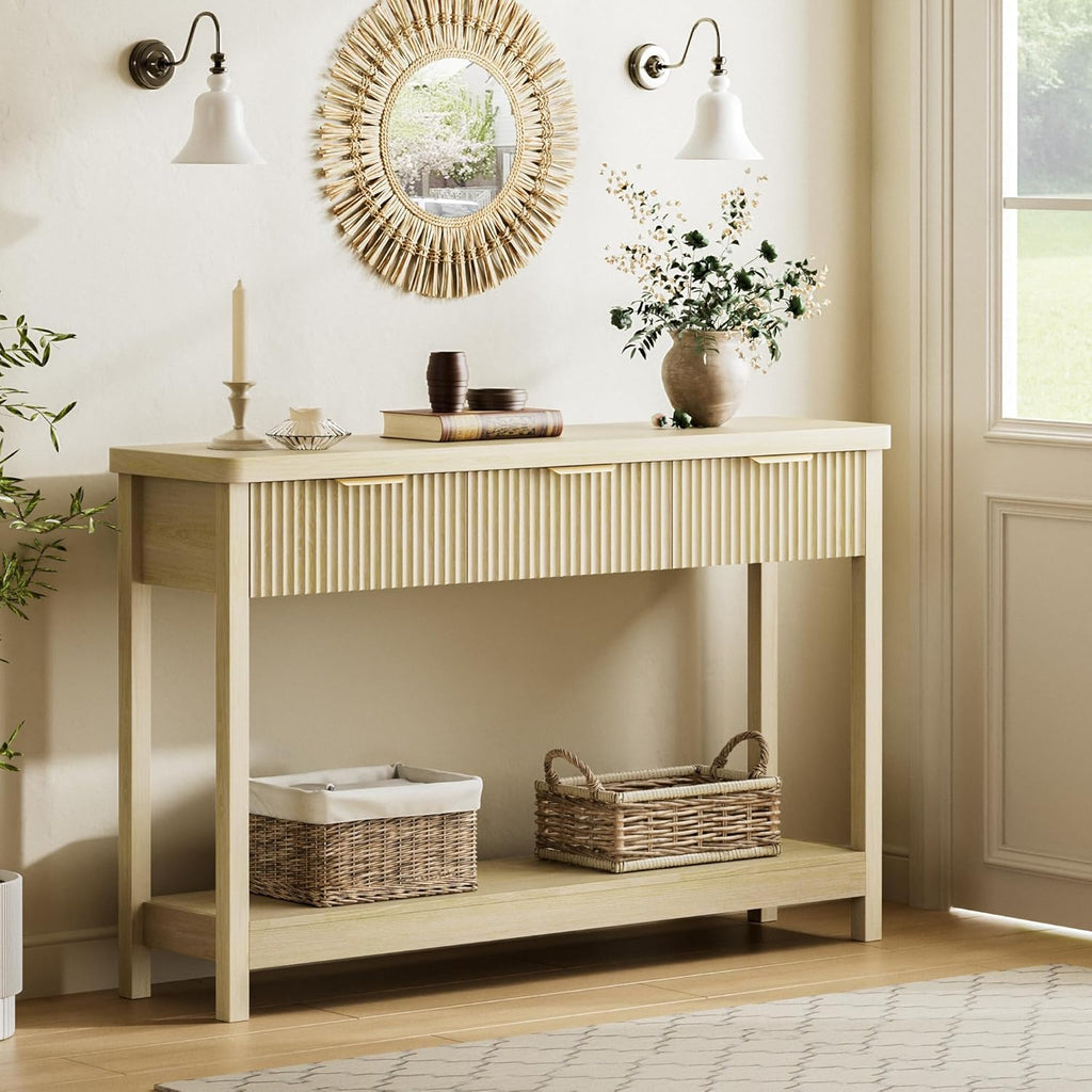 Lulive 51" Fluted Console Table for Entryway, Entryway Table with 3 Wooden Drawers, Farmhouse Behind Sofa Table for Living Room, Hallway, Couch, Foyer