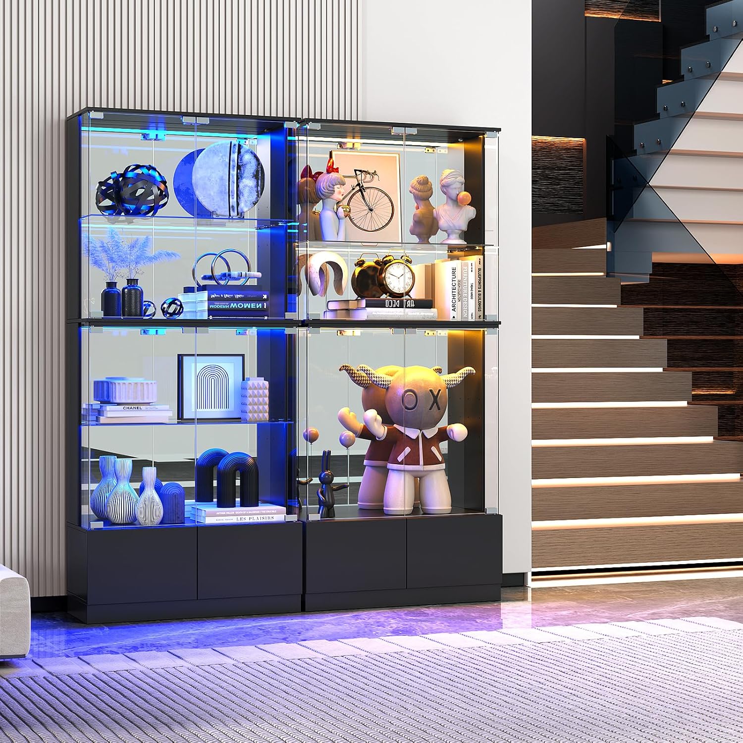 VersionTECH. Display Cabinet with Glass Doors, 4-Tier Curio Cabinet with RGB Lights for Collectibles, Display Case with 2 Drawers, Adjustable Glass Shelves, Human Body Sensor, Mirror Backing, Black