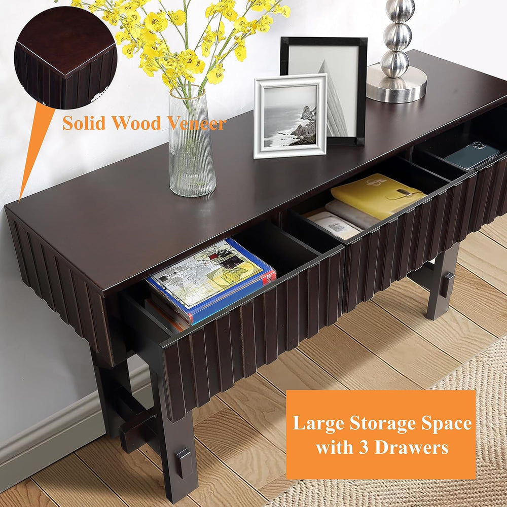 Knocbel Fluted Console Table with 3 Storage Drawers, Farmhouse Mid Century So...