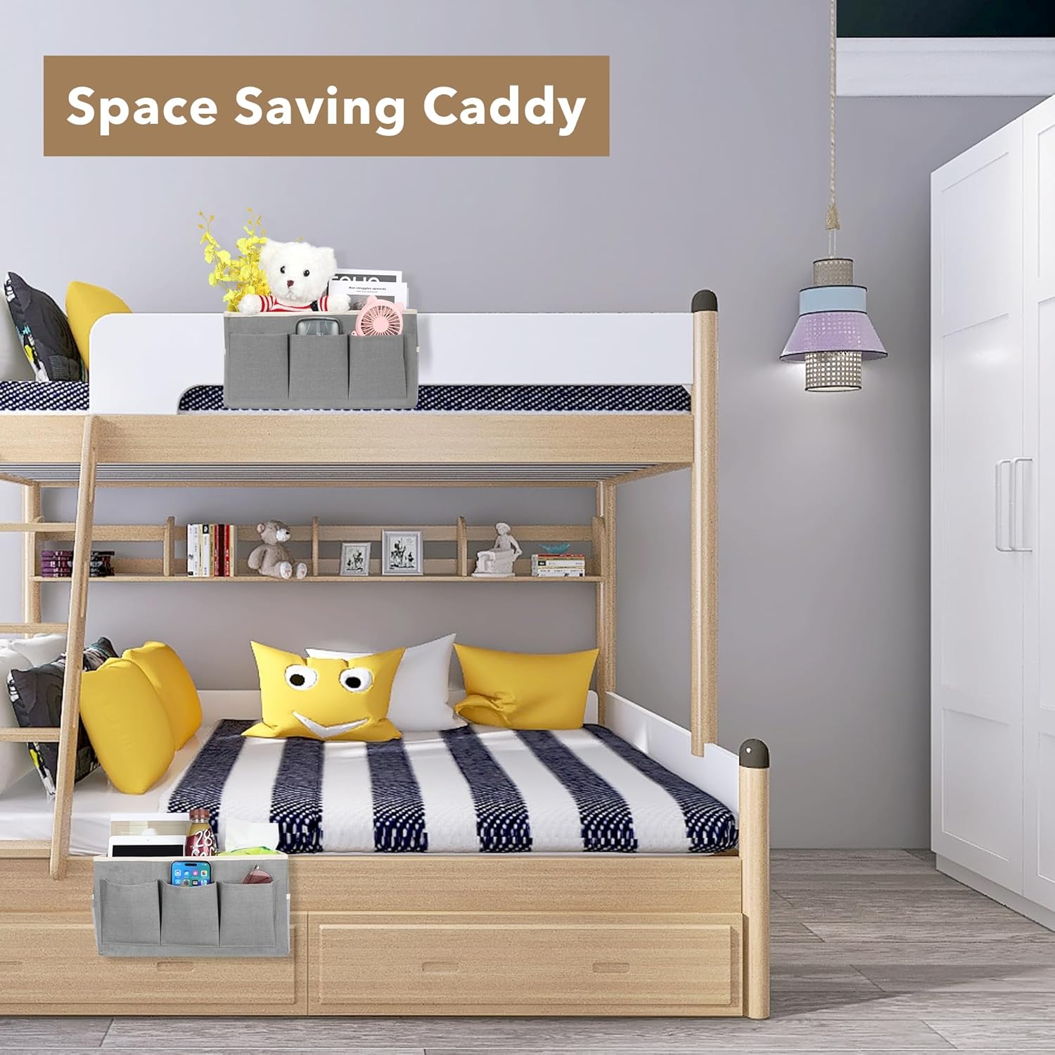 2Pcs Beside Caddy Storage Organizer, Hanging Bag Holder with Pockets for Bedroom, Loft Bed Tent, Bed Curtain, Top Bunk bed Shelf Accessories Bedside Caddy 3-pocket (White-2pcs)