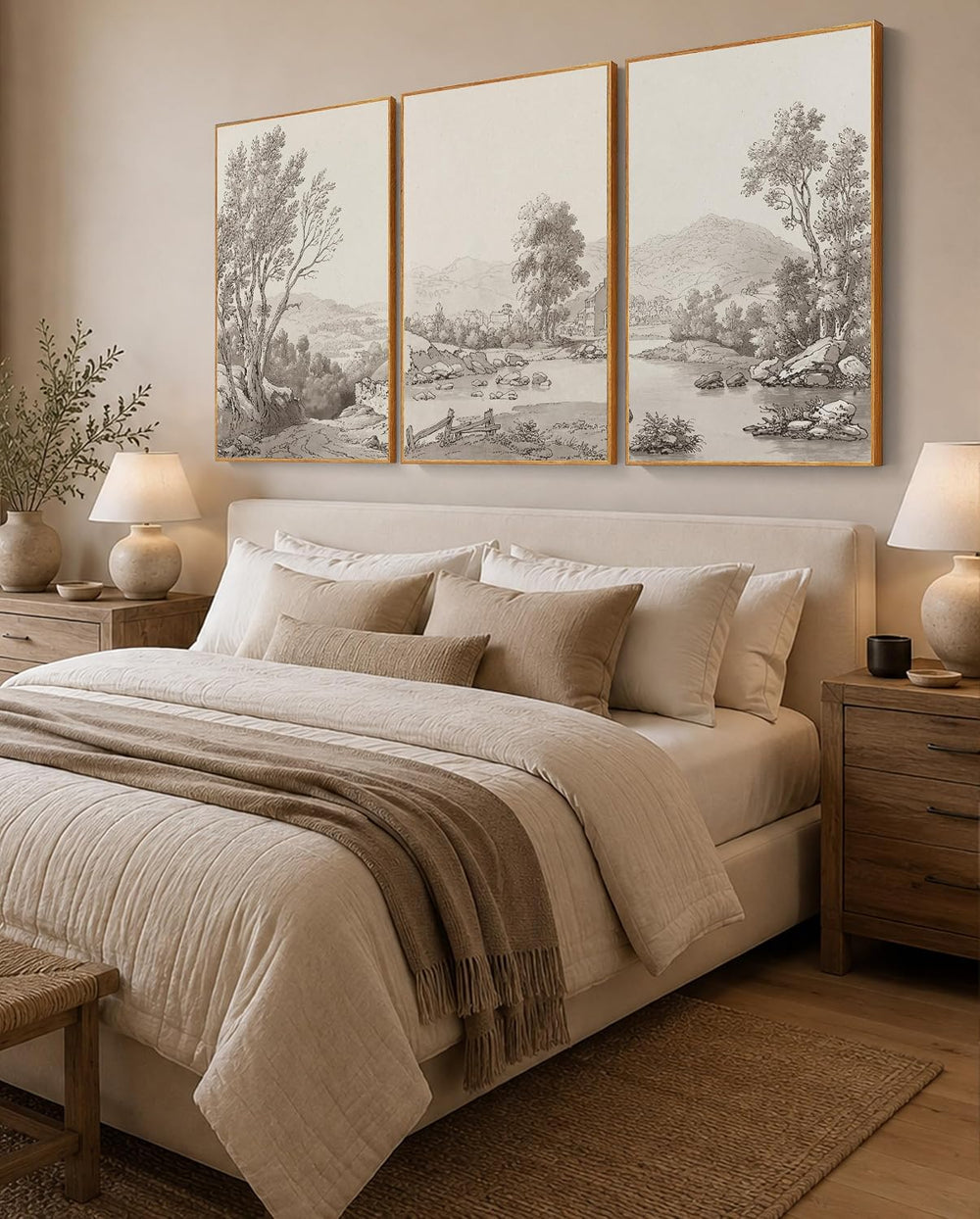 UPWOIGH Sepia Landscape Wood Framed Wall Art Set of 3, 16 x 24 Inch