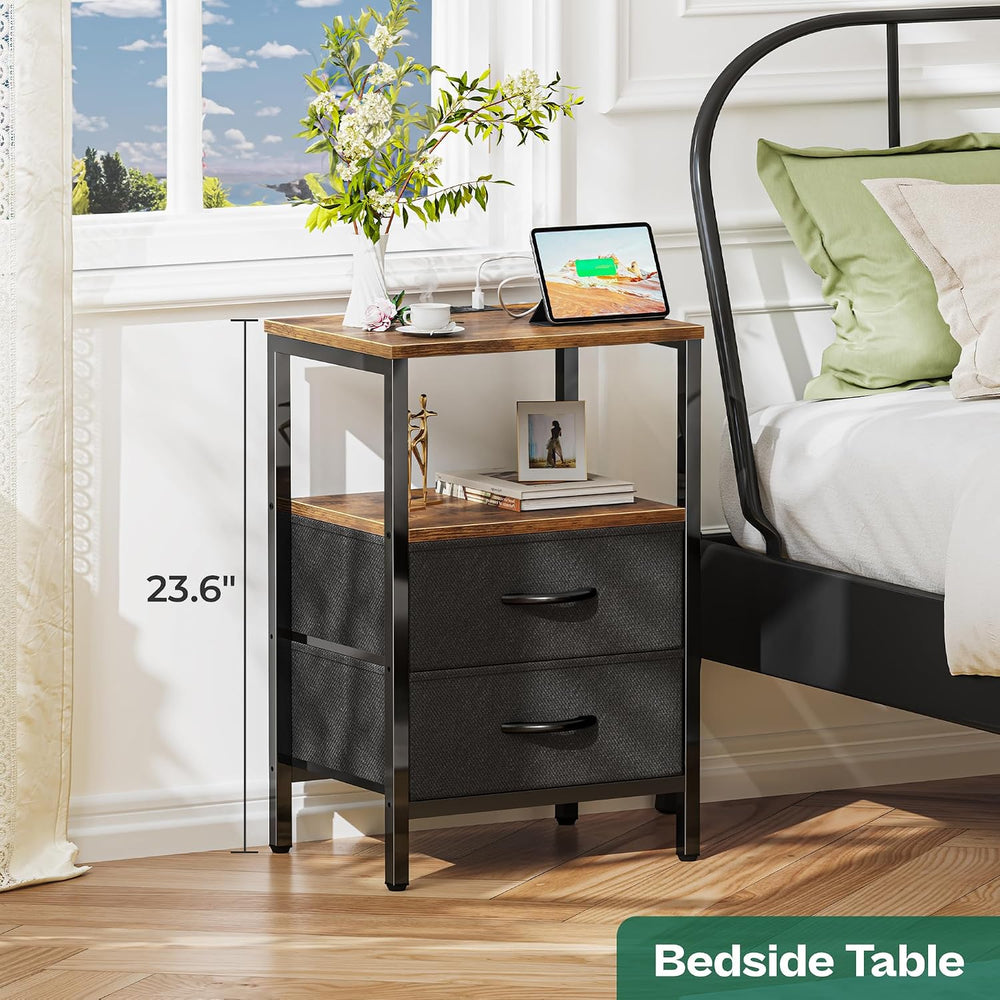 Huuger Nightstand with Charging Station, Side Table with Fabric Drawers, End ...