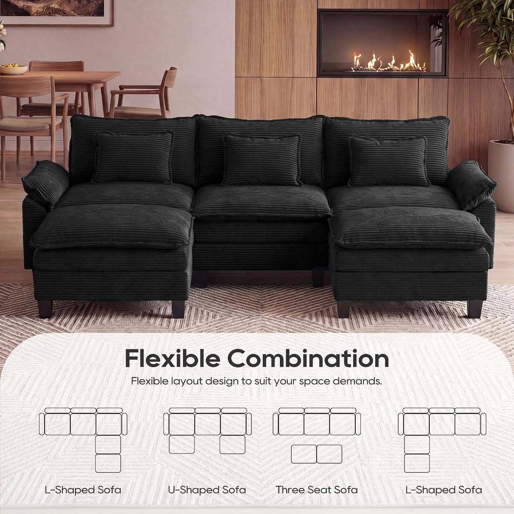 URRED Oversized Modular Sectional Sofa，Solid Black：122" U Shaped | Moder...